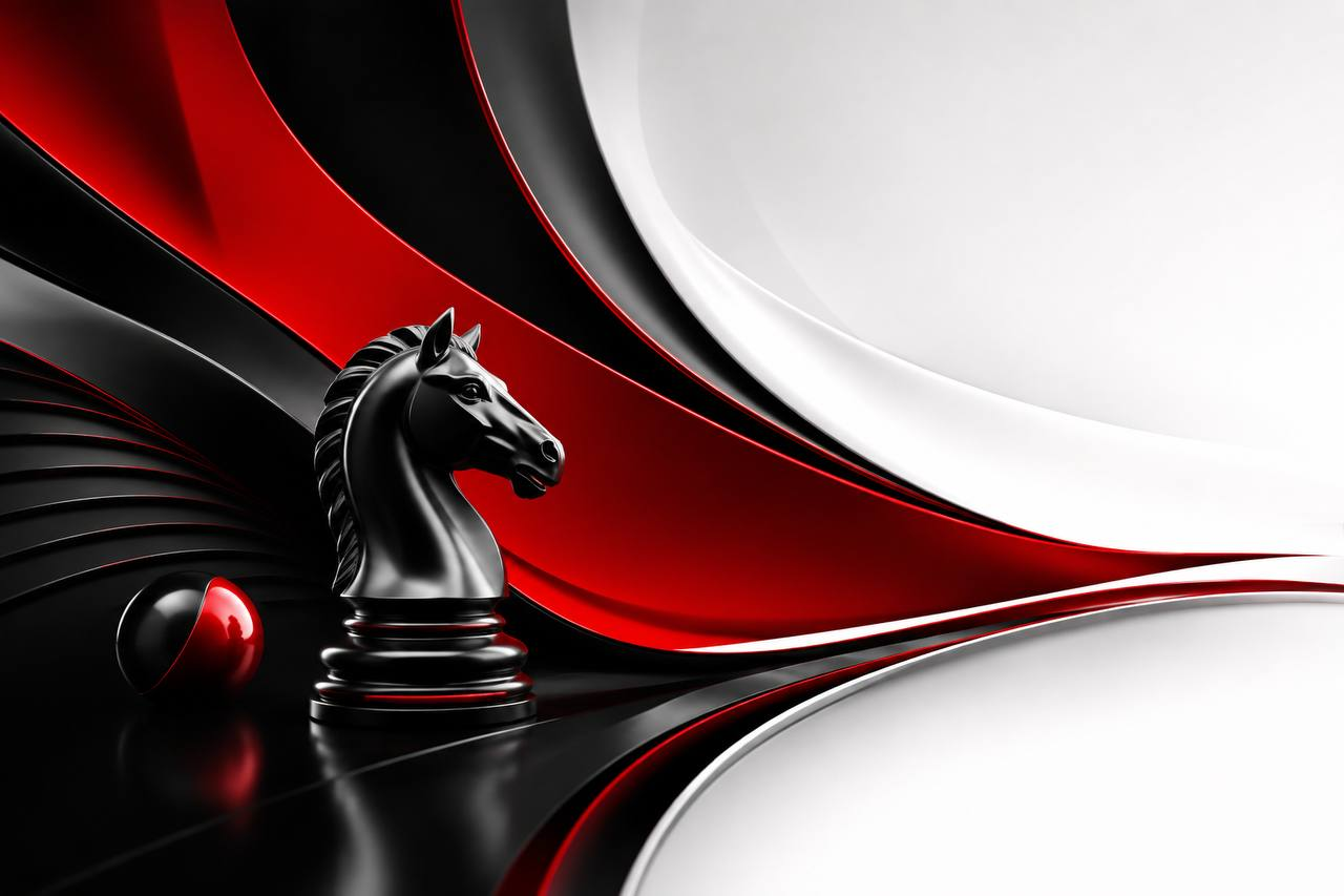 Abstract red and black strategy artwork with a chess knight