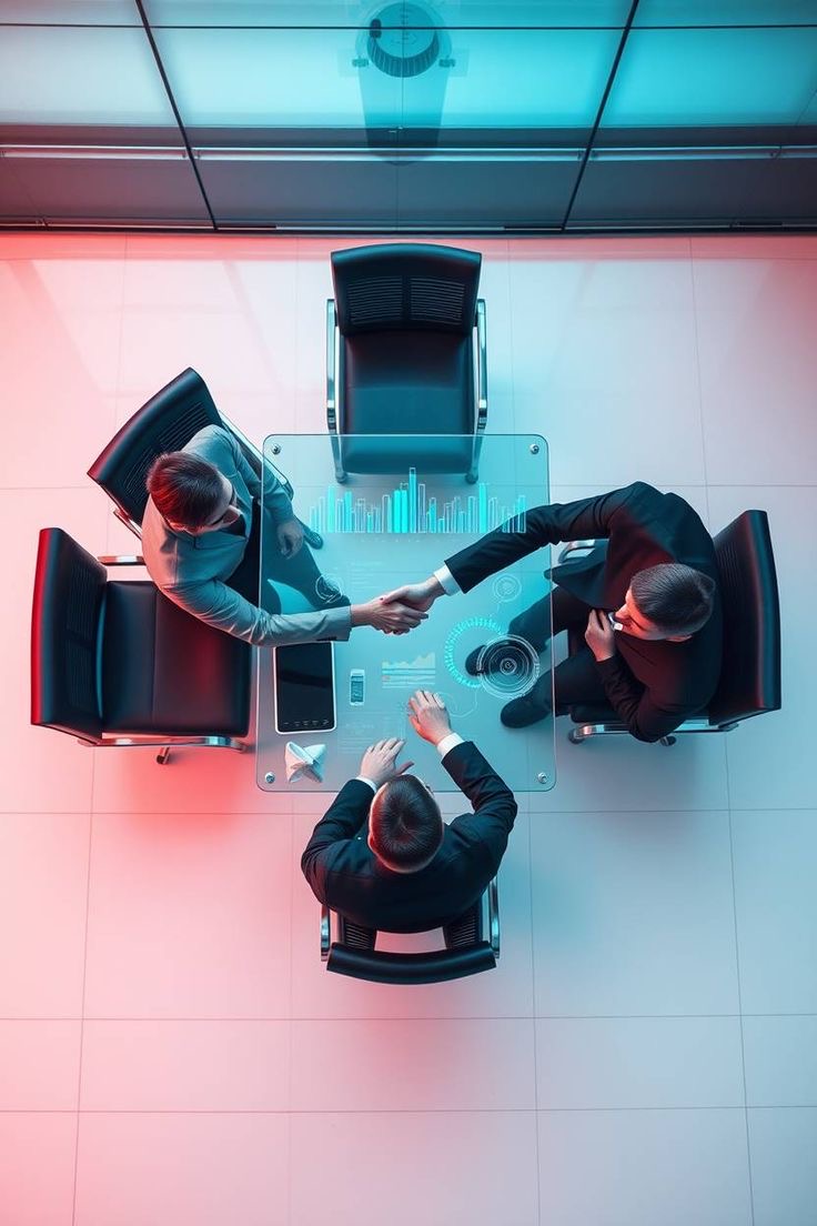 Overhead view of business partners shaking hands across a glass boardroom table