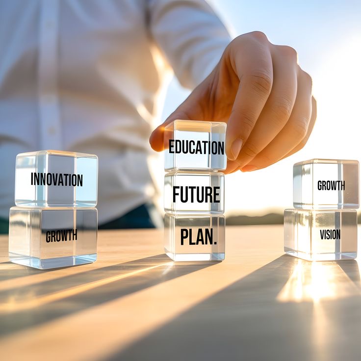 Hand stacking glass blocks labelled education, future and plan alongside innovation, growth and vision