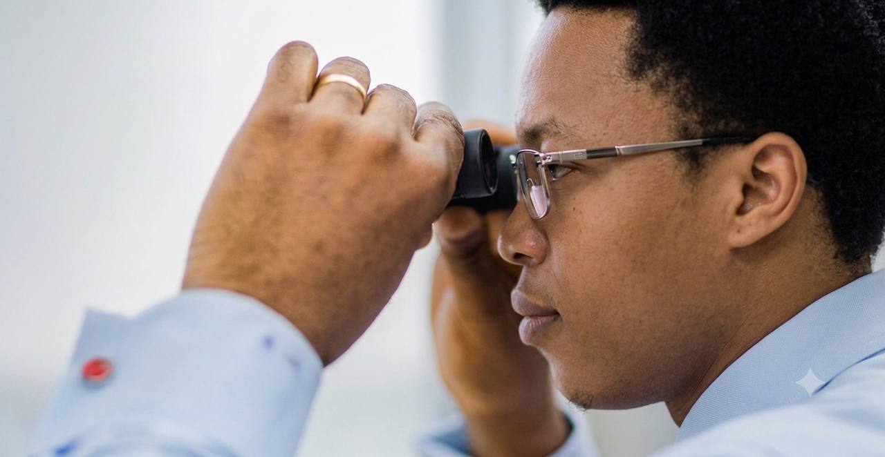 A focused investor looking ahead through binoculars