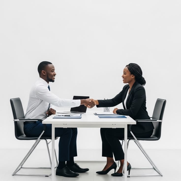 Business professionals shaking hands over a data table